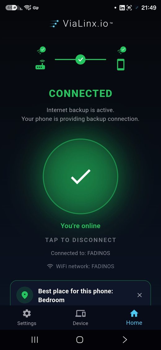 ViaLinx app home screen, backup connected