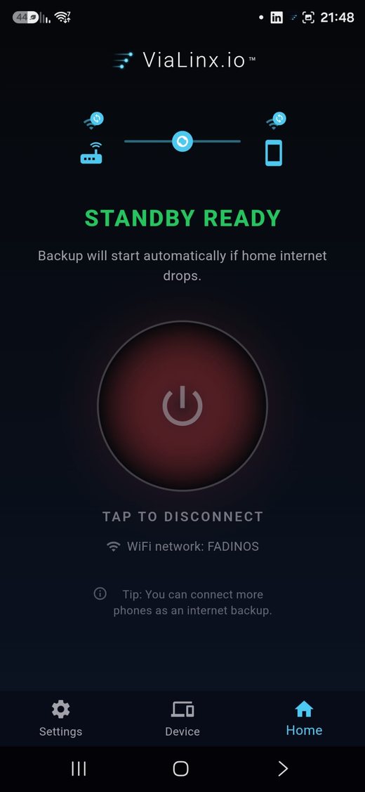 ViaLinx app home screen, standby ready
